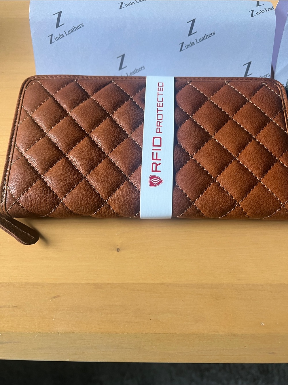 RFID Protected Quilted Leather Zip Wallet - Brown and Gray. Zinda leathers.